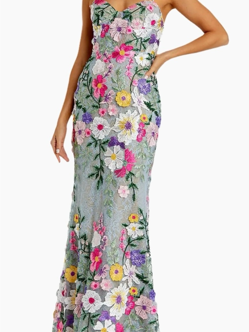 Mac Duggal Sage Green Floral Embroidered Sweetheart Maxi